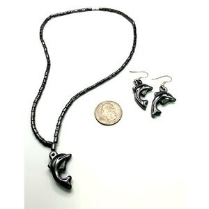 Hematite Dolphin 18” Necklace & 2” Fishhook Dangle Earrings